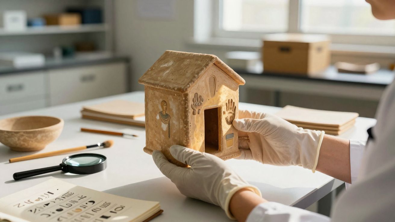 Mãos com luvas seguram miniatura de casa antiga com desenhos, sobre mesa com lupa e cadernos.