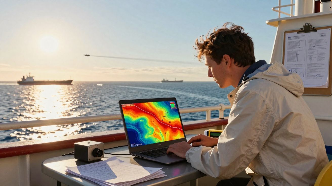 Jovem analisa mapa colorido em laptop a bordo de navio, com o mar e navios ao fundo ao pôr do sol.