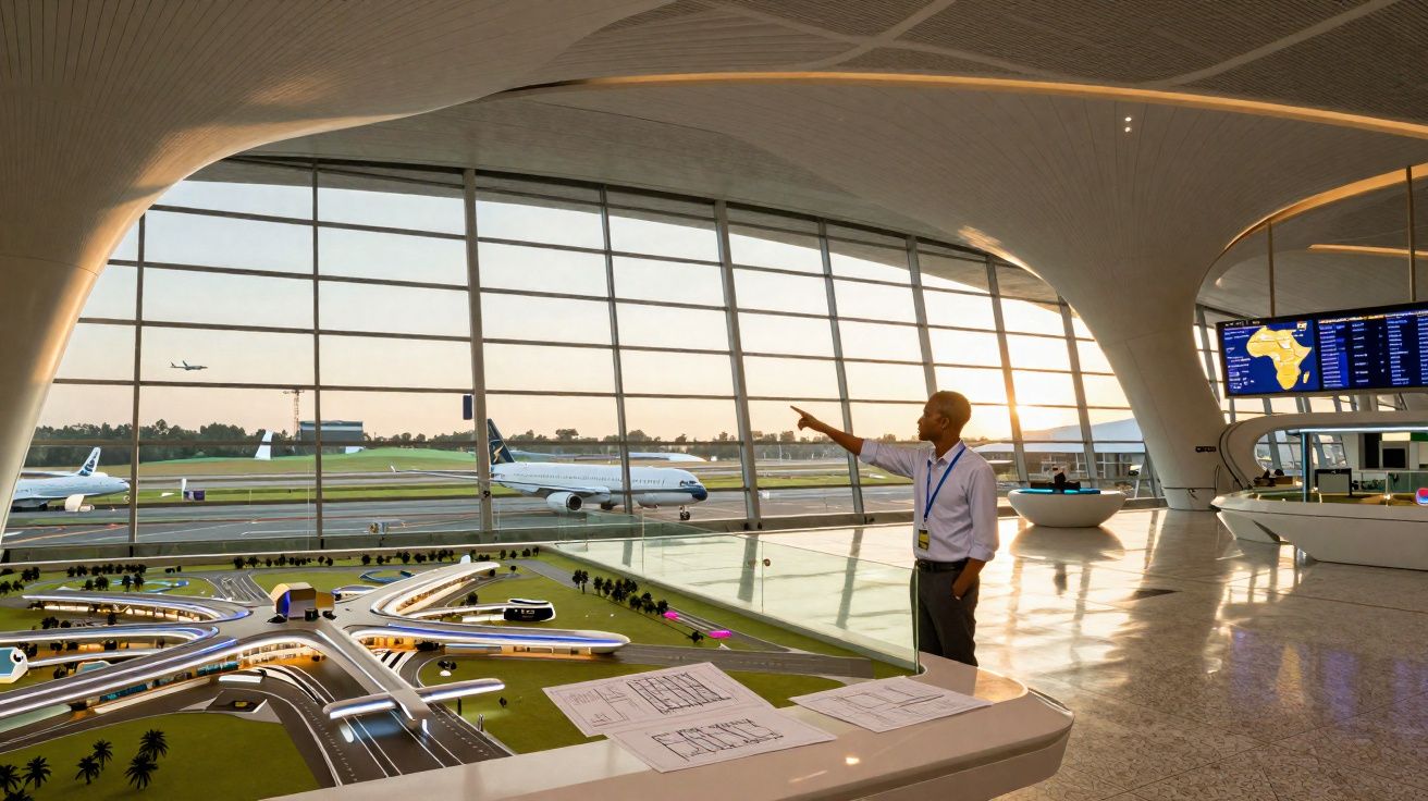 Homem observa maquete de aeroporto moderno com janelas grandes e aviões ao fundo no pôr do sol.