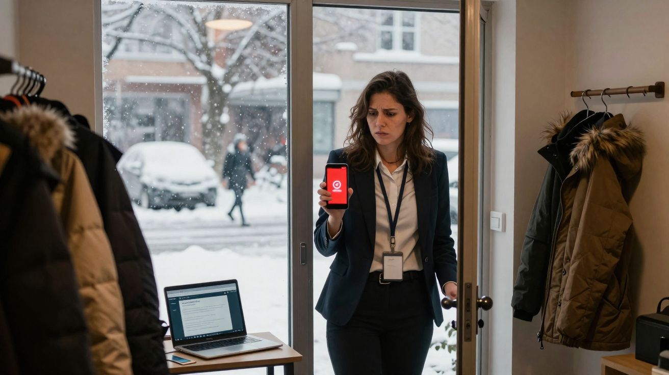 Mulher de roupa formal mostrando celular com tela vermelha dentro de casa com neve do lado de fora.
