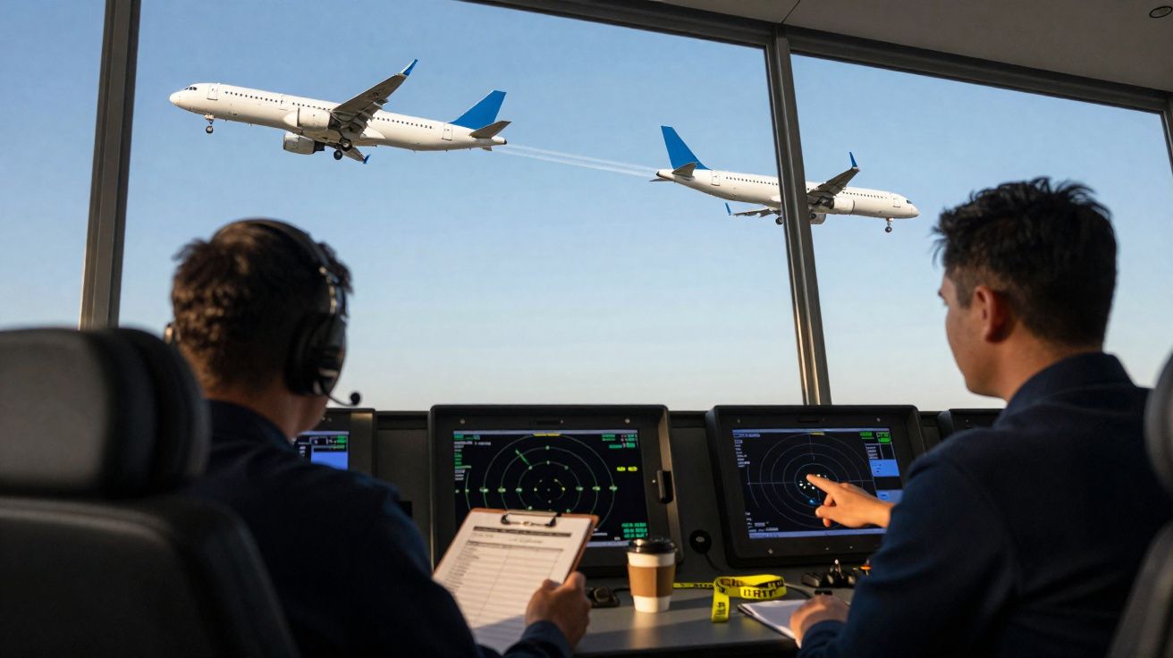 Controladores aéreas observam e monitoram a aproximação de dois aviões pela janela da torre de controle.