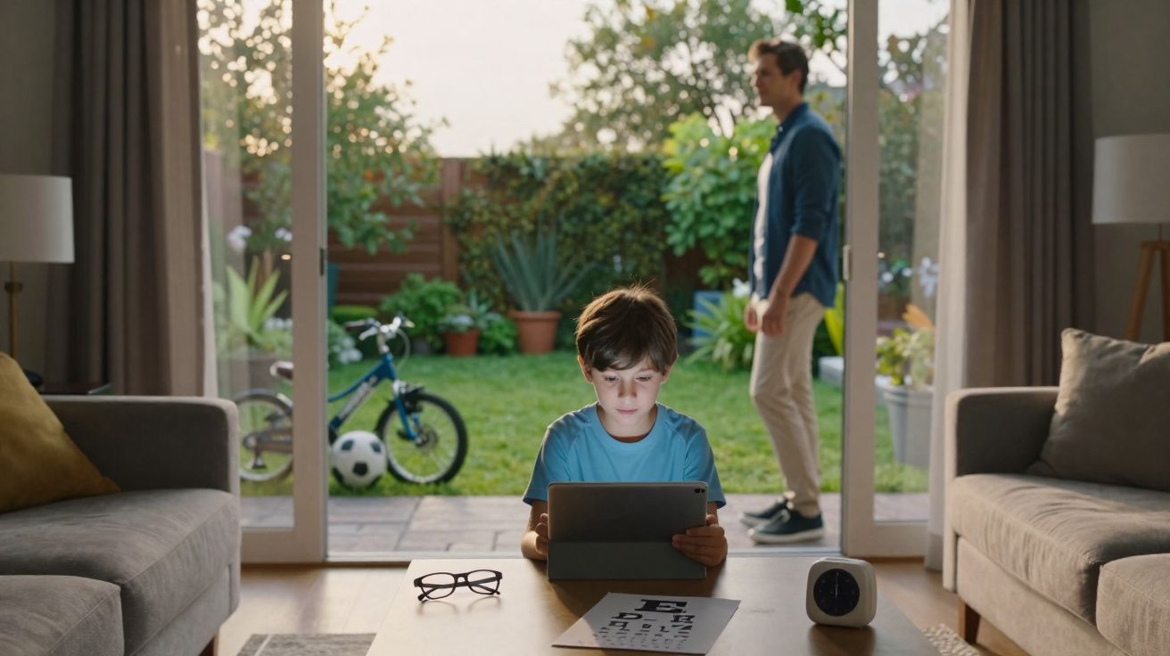 Menino sentado com tablet na sala, com homem e jardim ao fundo visíveis pela porta de vidro aberta.