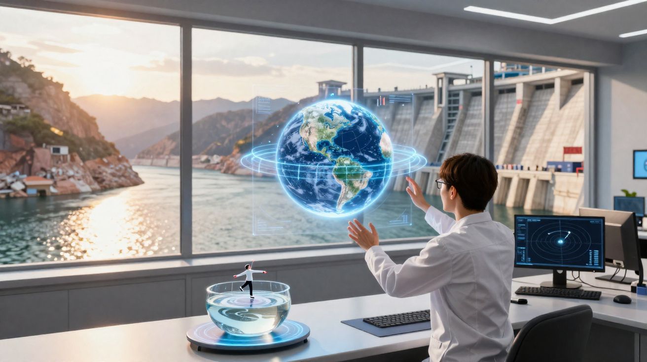 Pessoa interagindo com holograma do planeta Terra em escritório com vista para barragem e rio.