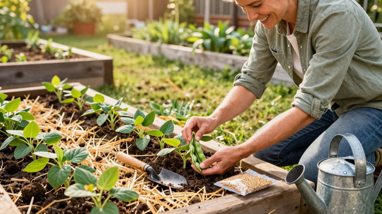 Pessoa colhendo vagens em canteiro com plantas jovens, ao lado de regador e sementes em embalagem plástica transparente.