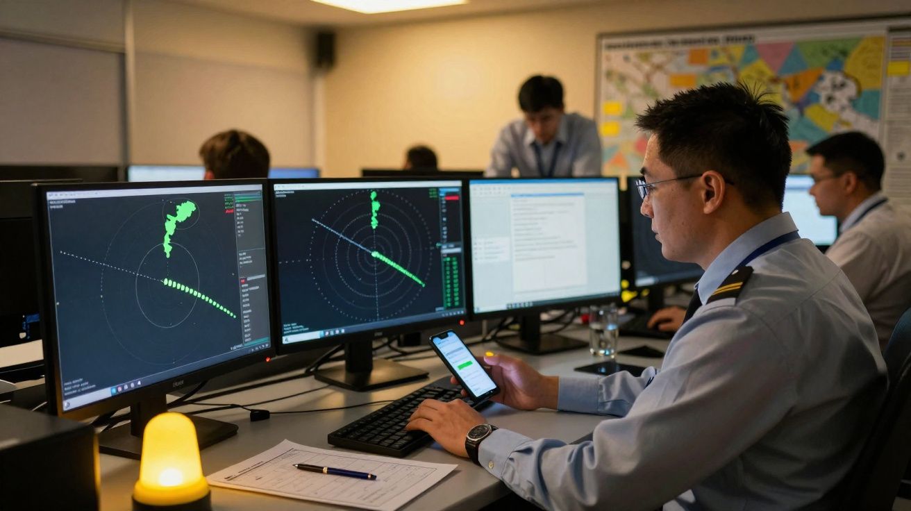 Homem em uniforme naval operando radares em monitores duplos enquanto verifica celular em sala de controle.