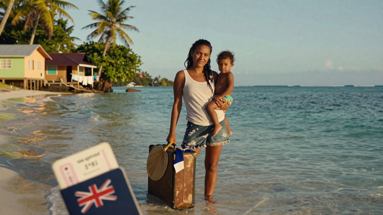 Mulher com criança no colo na praia, segurando mala, com casas, coqueiros e mar ao fundo.