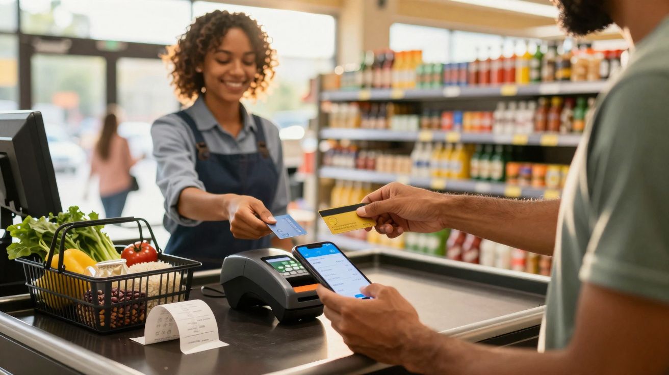 Caixa sorridente atendendo cliente que paga com cartão em supermercado com cesta de compras na esteira.