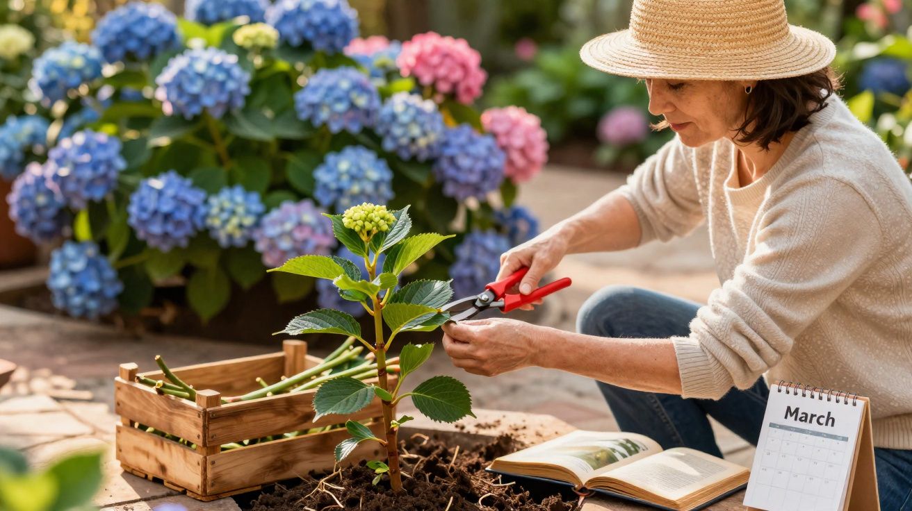 Mulher com chapéu colhendo hortênsia com tesoura de poda em jardim florido com calendário aberto em março.