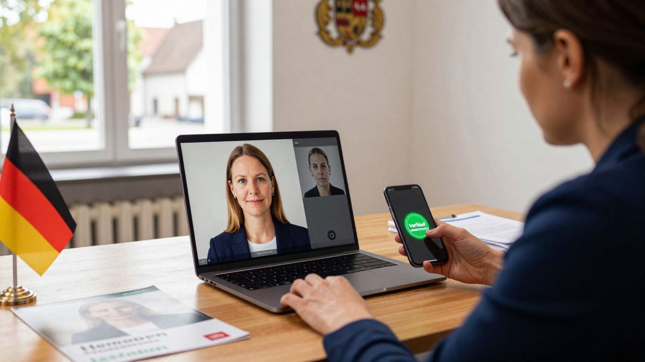 Pessoa em videoconferência com mulher no laptop enquanto segura celular com tela "Verified" em escritório.
