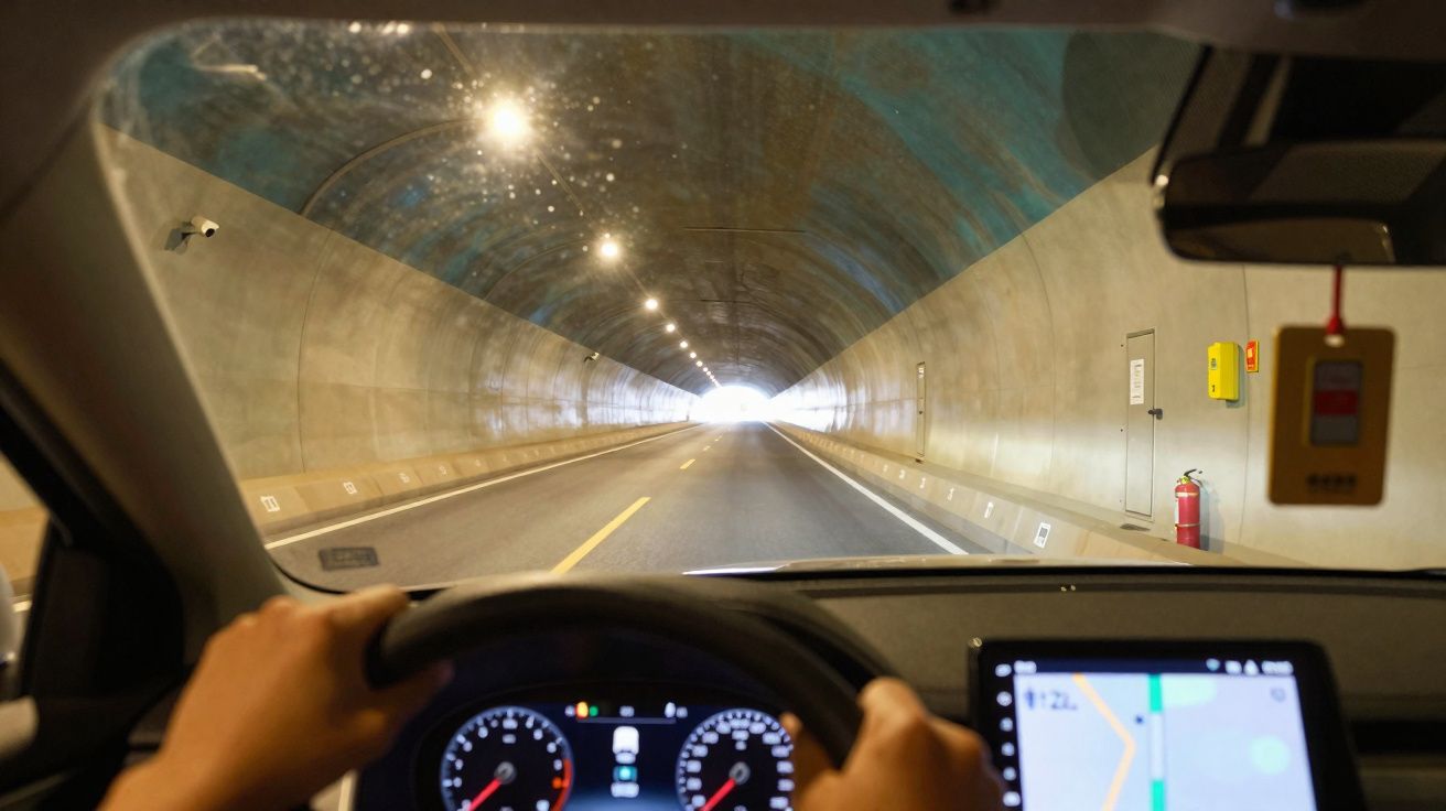 Visão do motorista dirigindo dentro de um túnel com luzes acesas e saída iluminada ao fundo.