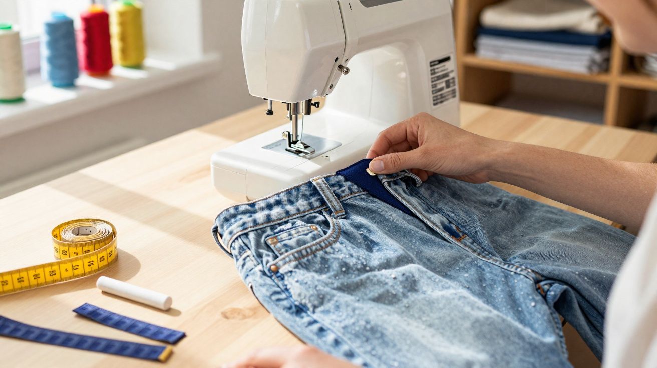 Pessoa costurando jeans azul em máquina de costura branca, com fita métrica e linhas coloridas ao fundo.