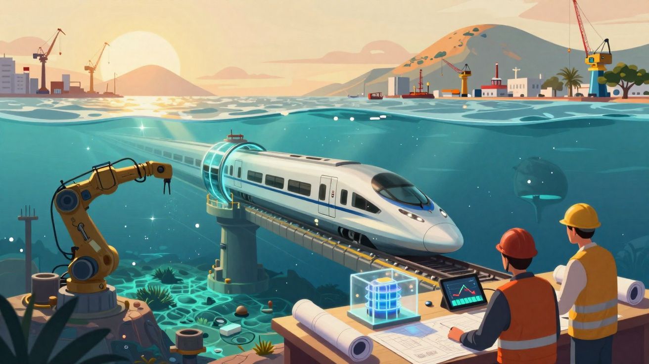 Trem moderno submerso em túnel sob o mar, sendo monitorado por engenheiros com equipamentos tecnológicos.