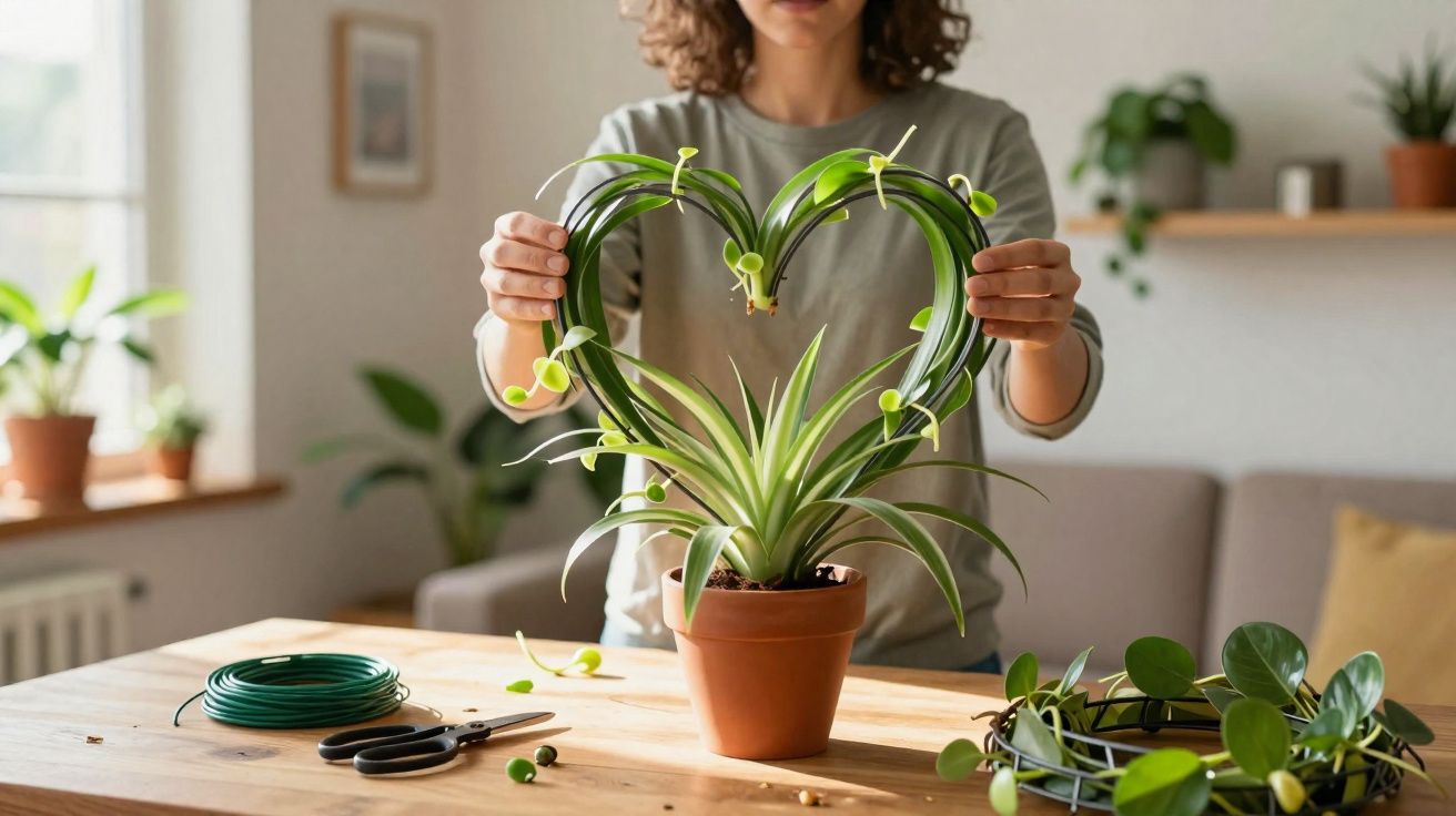 Pessoa formando coração com folhas de planta em vaso de cerâmica sobre mesa de madeira em ambiente interno.