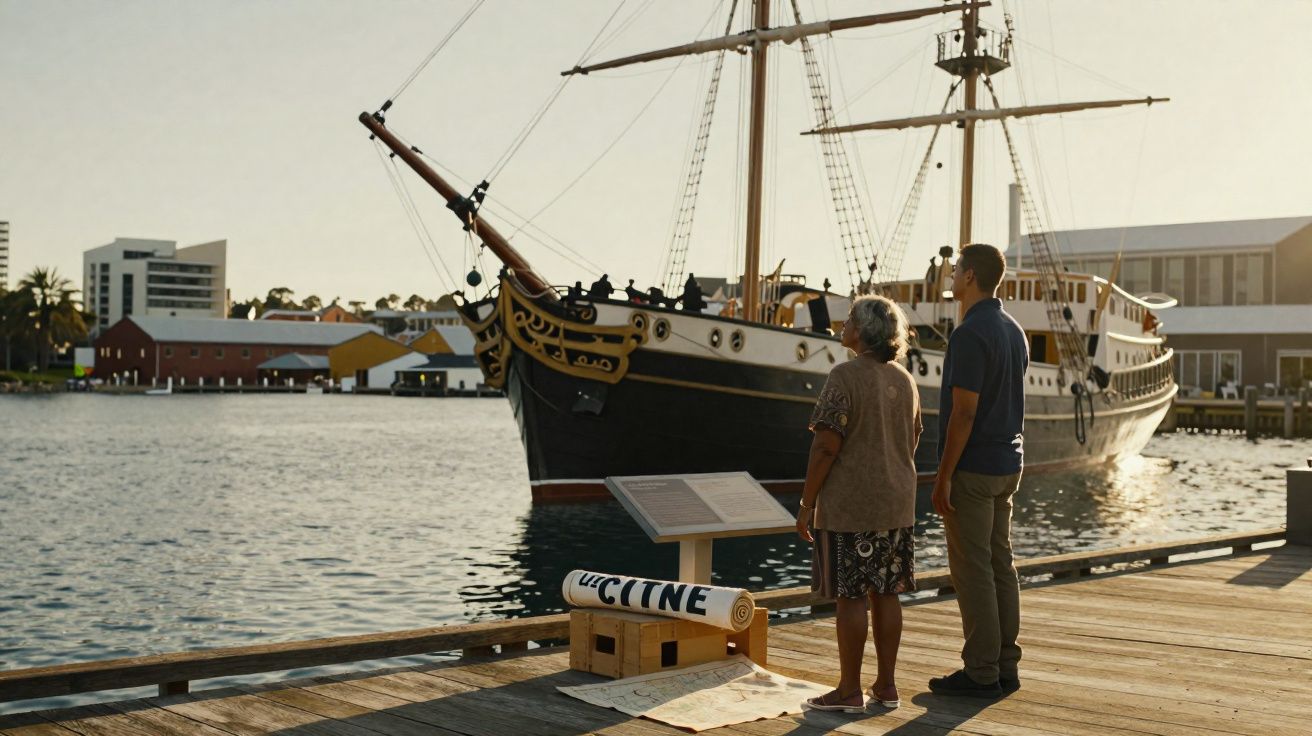 Duas pessoas observam um navio antigo atracado em um píer durante o entardecer.