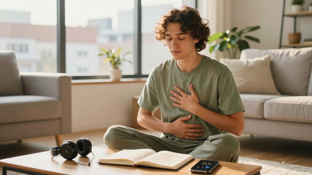 Jovem sentado no chão de sala, com olhos fechados, mão no peito e outro na barriga, ao lado de livro aberto e fone.