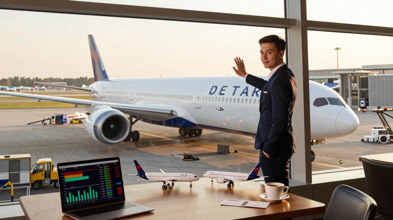Homem de terno acena em aeroporto com avião grande e miniaturas de aviões na mesa ao lado de laptop.