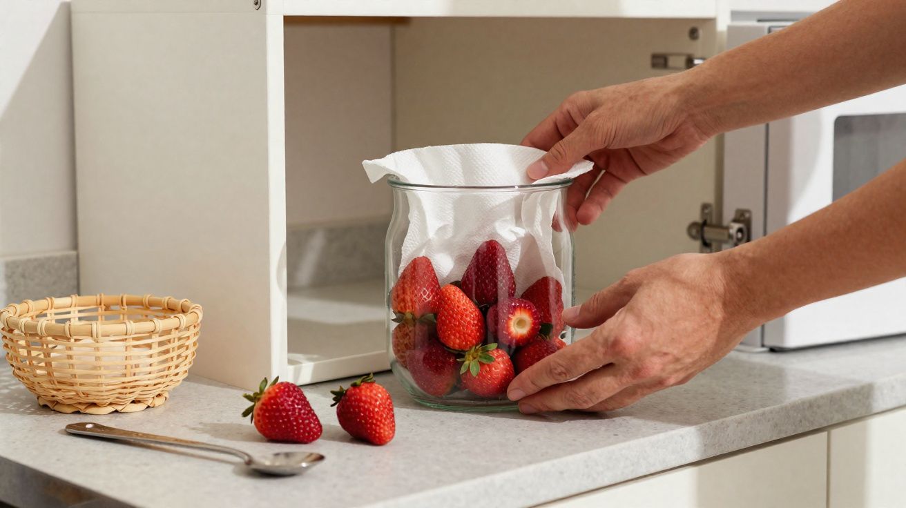 Mãos colocando papel toalha em pote de vidro com morangos frescos sobre bancada de cozinha.