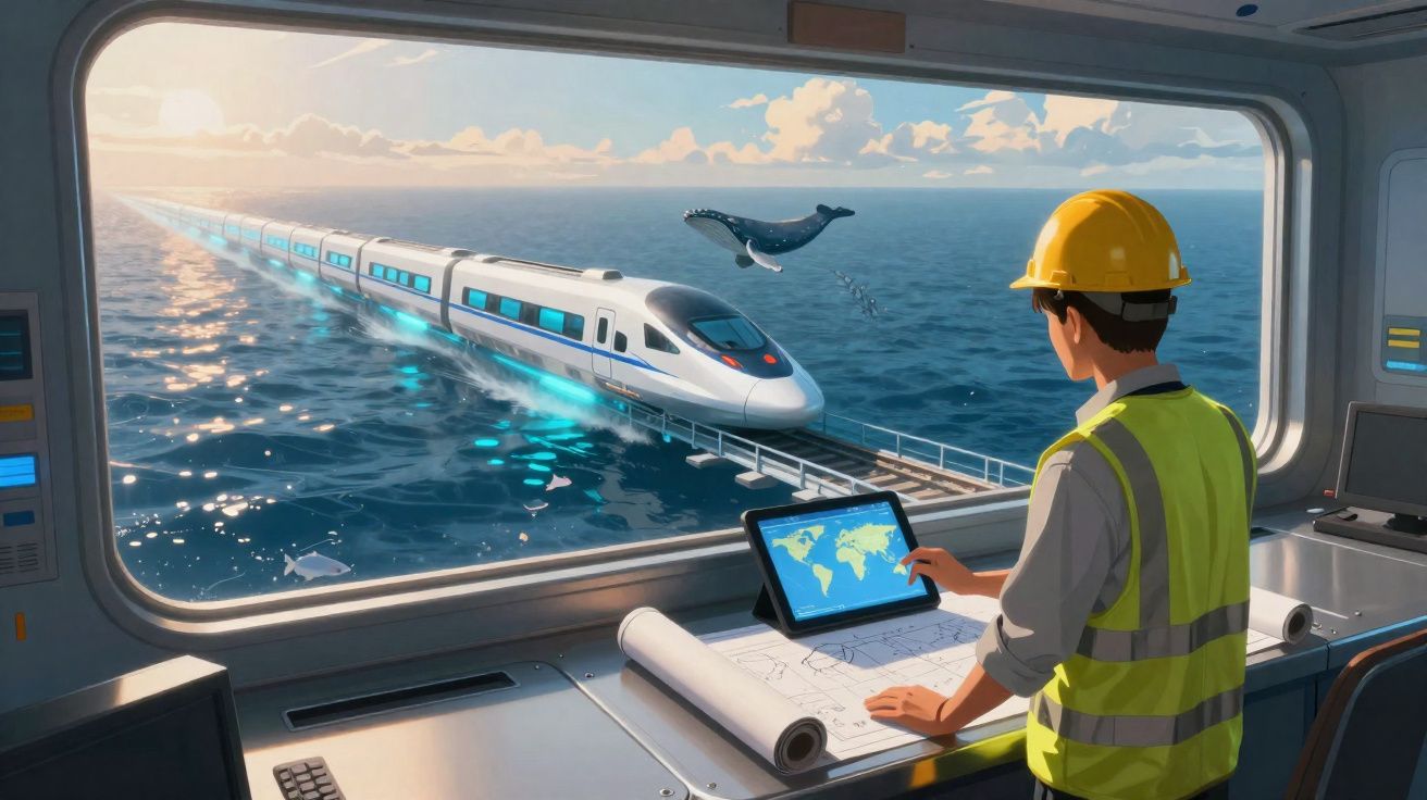 Engenheiro em capacete observa trem futurista passando sobre oceano, com golfinho saltando ao fundo.