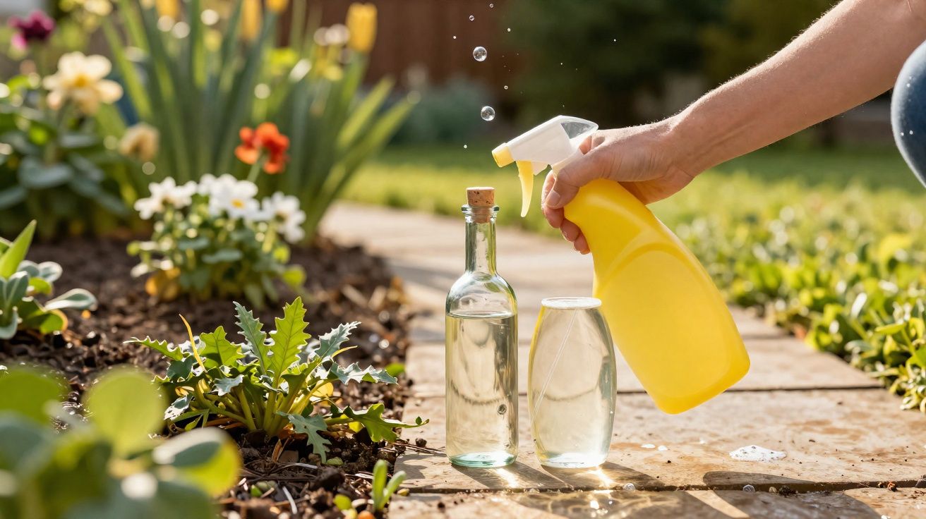 Mão borrifando água de uma garrafa amarela em plantas ao lado de um jardim com flores coloridas.