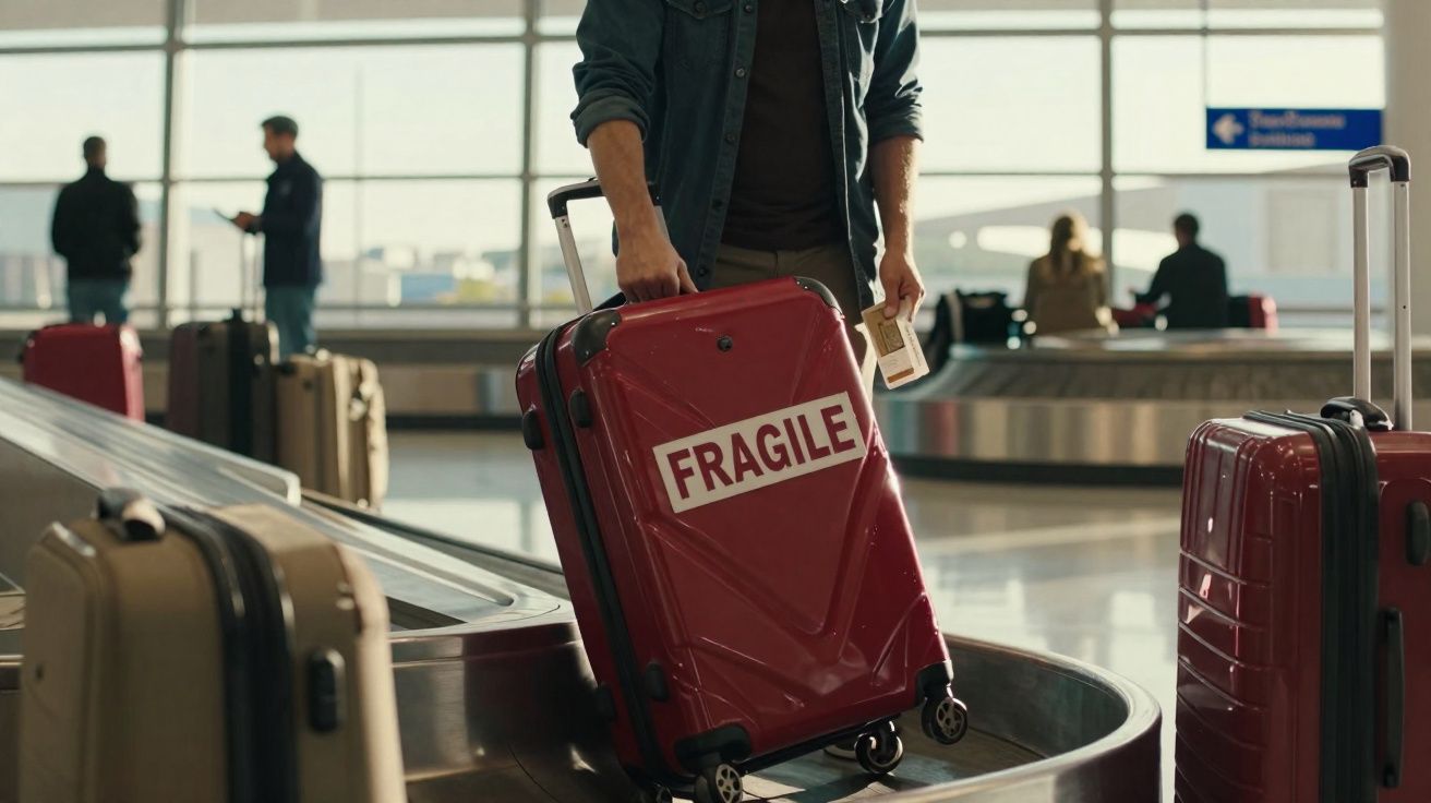 Pessoa segurando mala vermelha com etiqueta "FRAGILE" em esteira de bagagens de aeroporto.