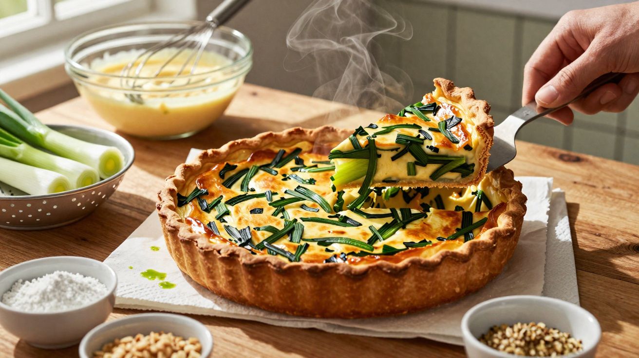 Torta salgada com ervas verdes sendo fatiada, ao lado temperos e ingredientes em potes sobre mesa de madeira.