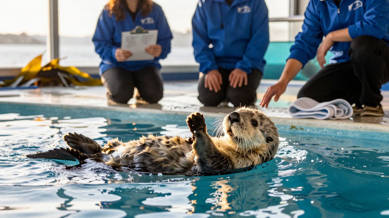 Lontra flutuando na água em piscina com três pessoas de azul ao fundo.