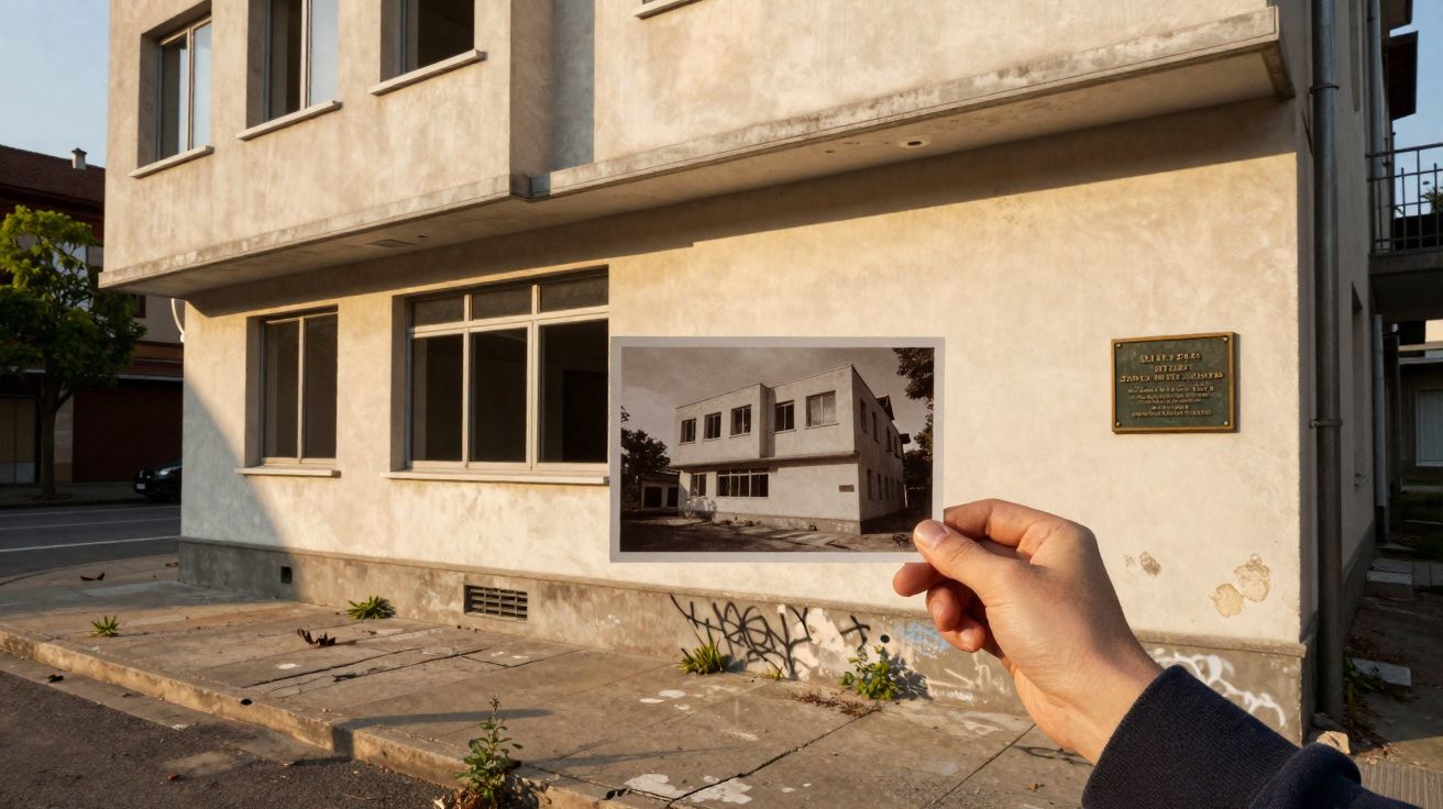 Mão segurando foto antiga de um prédio, alinhada com o prédio moderno ao fundo na mesma perspectiva.