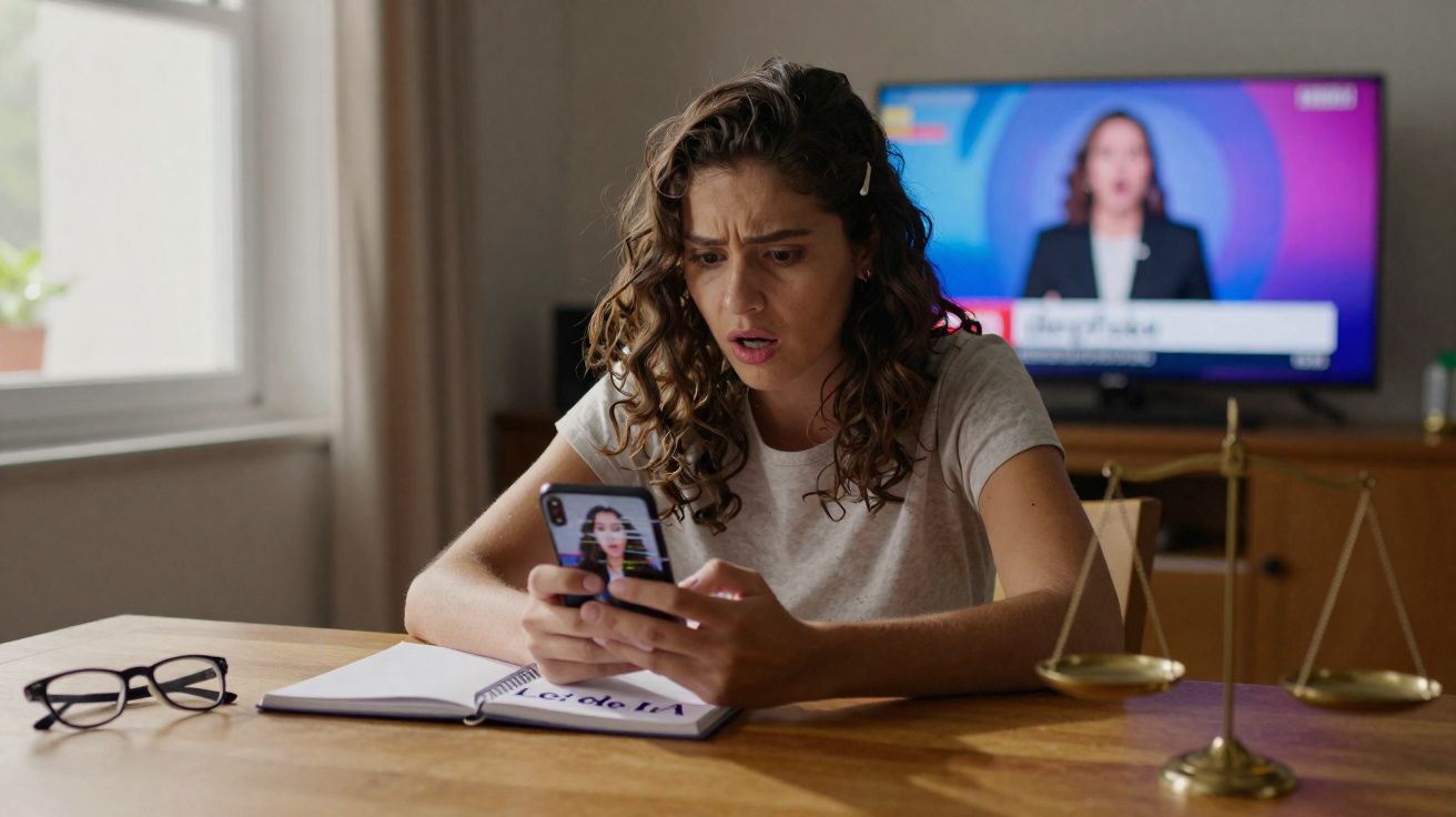 Mulher preocupada olhando para celular sentada à mesa com óculos, caderno aberto e balança da justiça.