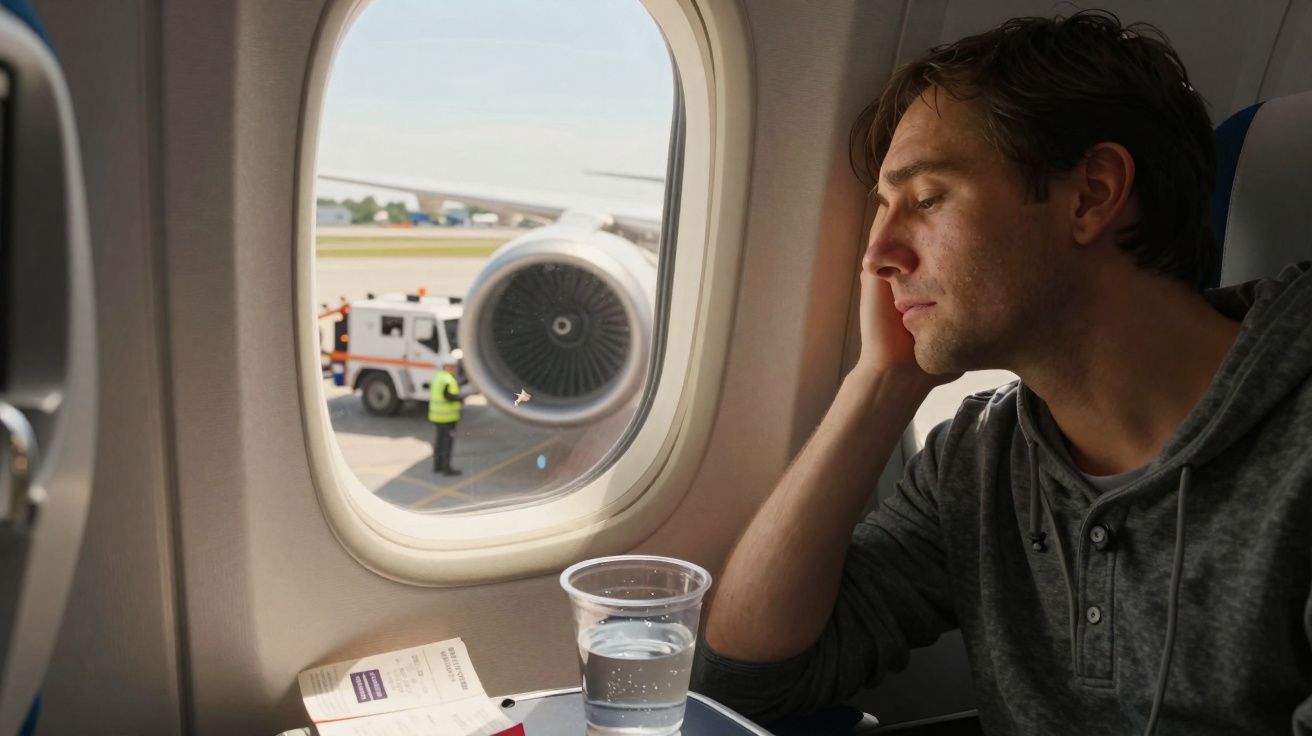 Homem olhando pela janela do avião segurando o rosto, com copo d'água e ticket na mesa dobrável.
