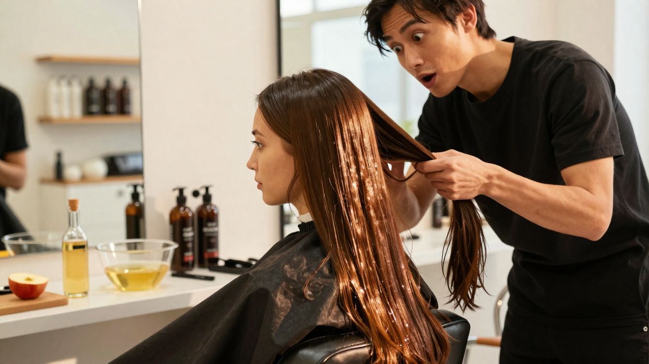 Cabeleireiro examina cabelo longo e molhado de cliente em salão moderno iluminado.