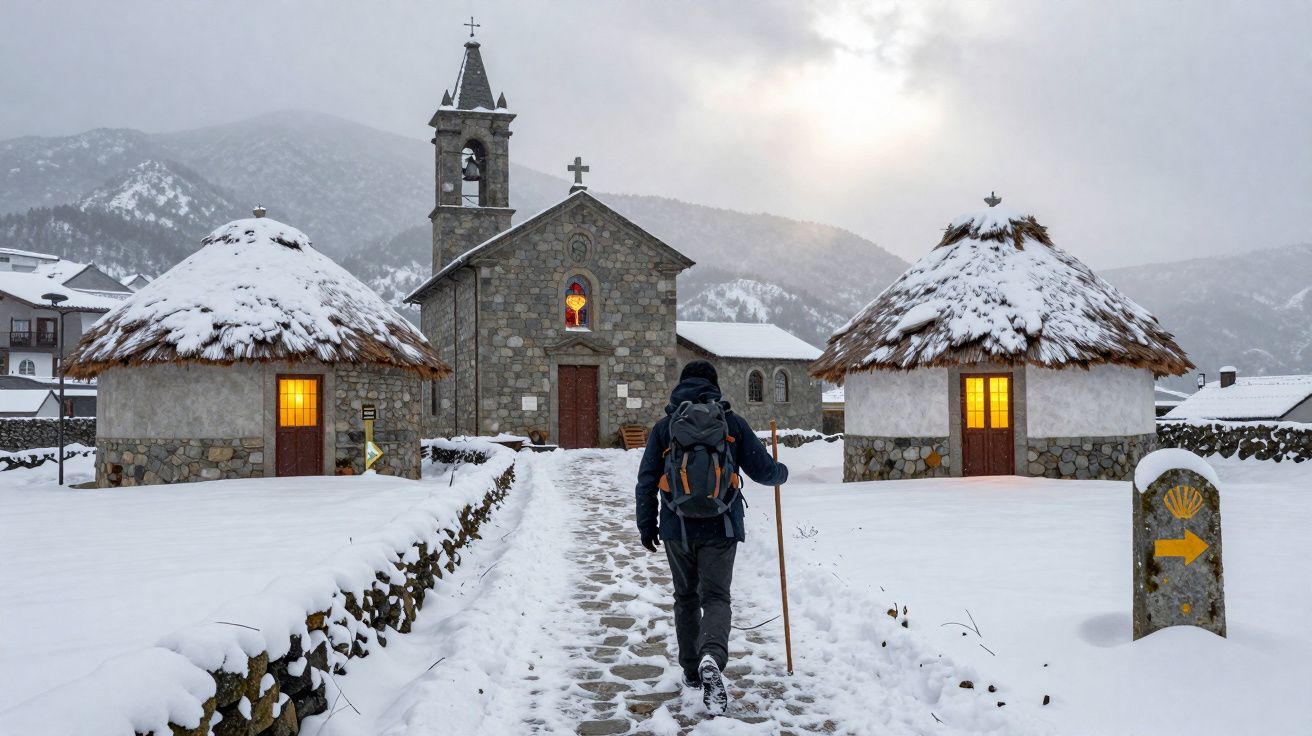 Pessoa caminhando na neve em direção a igreja de pedra entre casas com telhados de palha cobertos de neve.