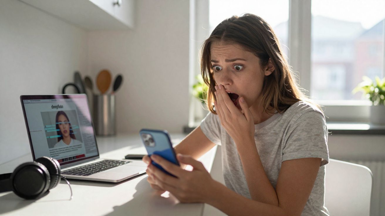 Mulher surpresa olhando para o celular enquanto está sentada em mesa com notebook e fones de ouvido.