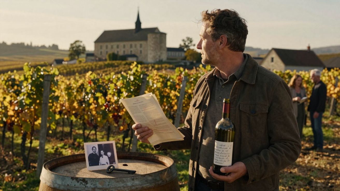 Homem segura garrafa de vinho e papel em vinhedo, com barril, fotos e pessoas ao fundo.