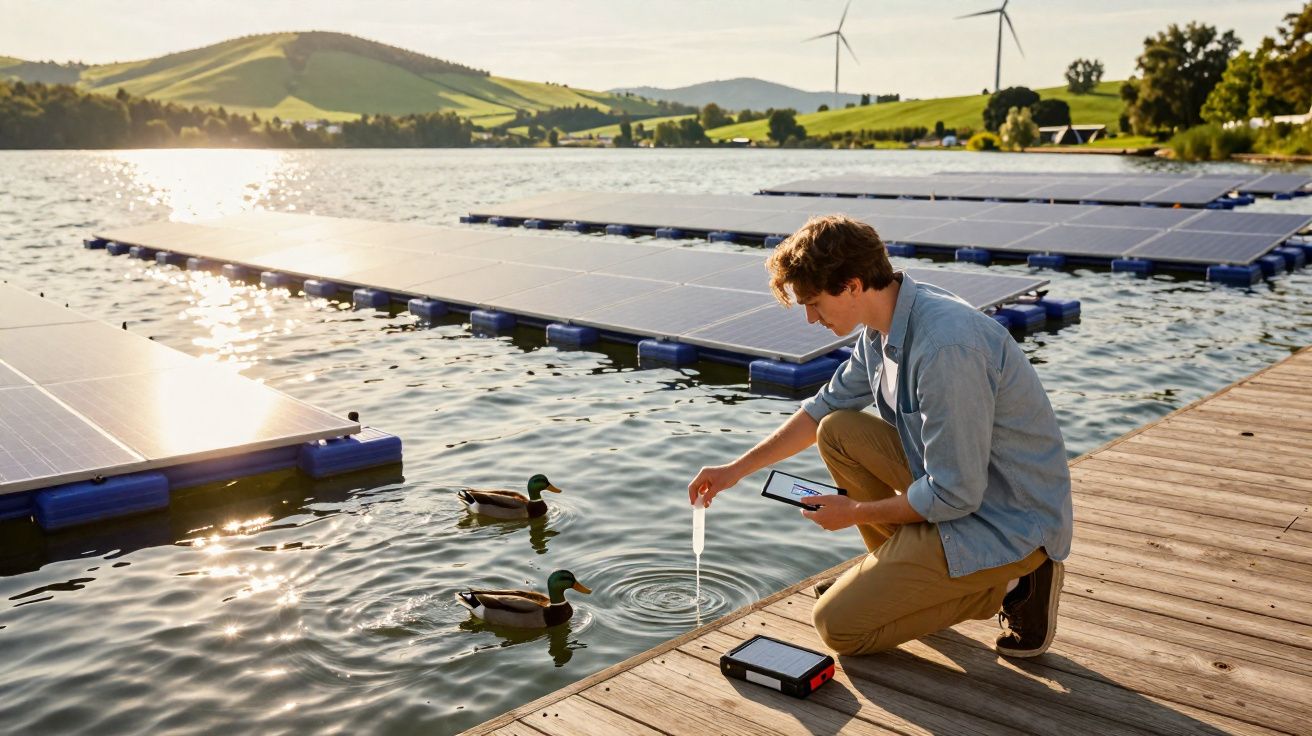 Jovem coleta amostra de água em lago com painéis solares flutuantes e turbinas eólicas ao fundo.