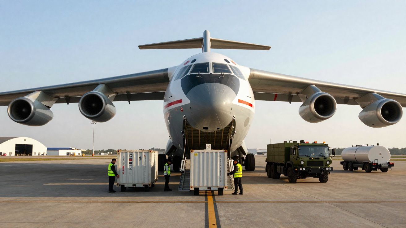 Avião cargueiro militar no aeroporto com pessoal e veículos de apoio carregando contêineres.