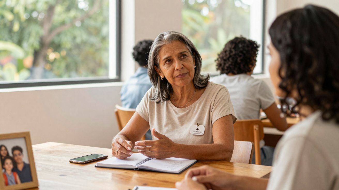Mulher adulta conversando com outra pessoa em mesa de madeira com caderno aberto, em ambiente iluminado.
