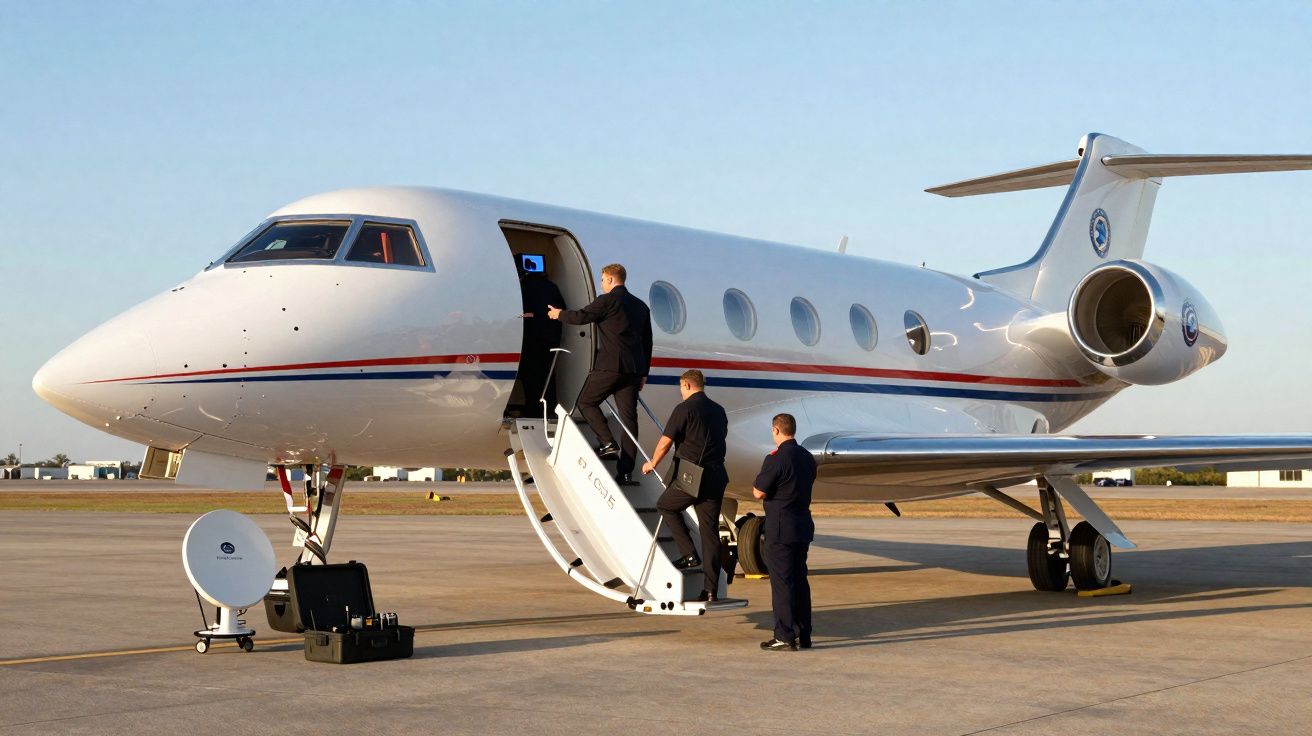 Aeronave privada branca estacionada no aeroporto com três homens subindo pela escada para embarque.