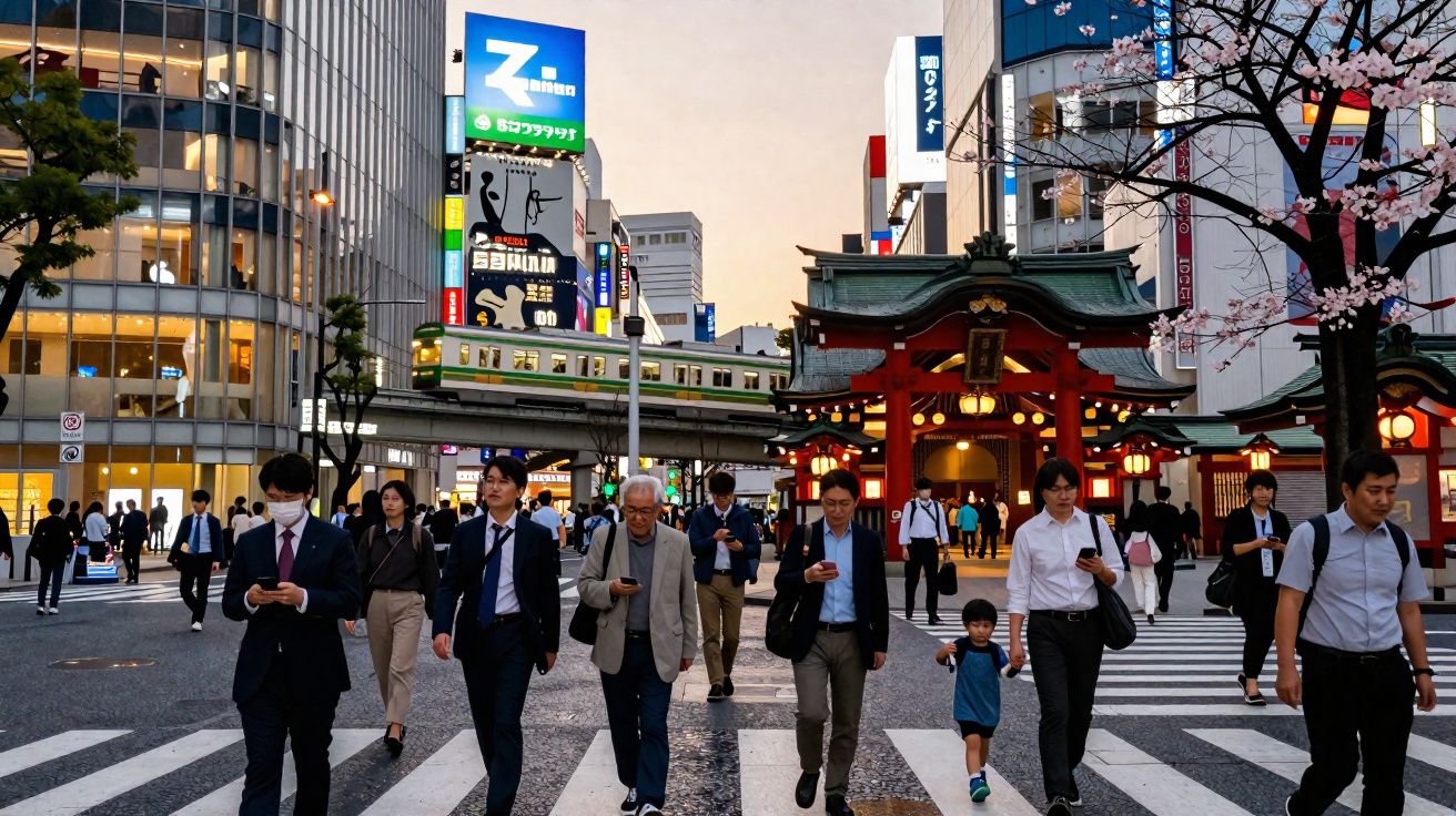 Rua movimentada no Japão com pedestres atravessando faixa de pedestres diante de templos e prédios iluminados.