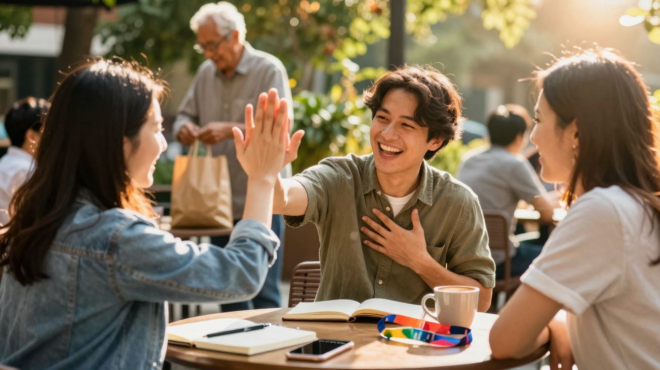 Jovens amigos estudando em café ao ar livre, dando um toque de mão e sorrindo.