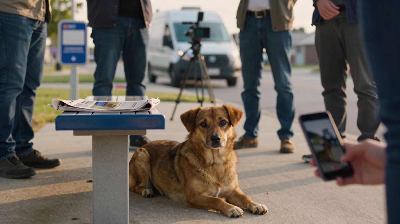 Cachorro sentado no chão próximo a banco com jornal, cercado por pessoas e câmera em fundo desfocado.