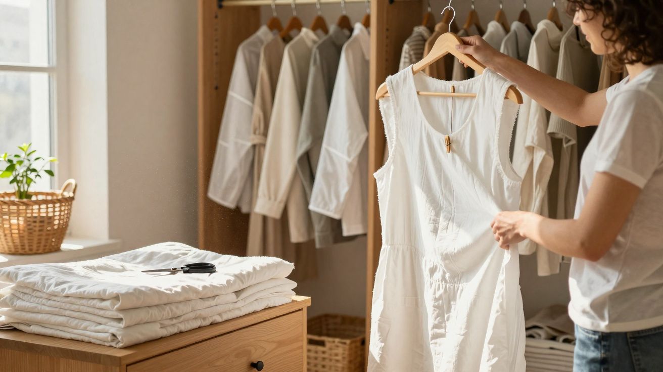Pessoa segurando vestido branco em armário com roupas claras e cômoda com roupa dobrada.