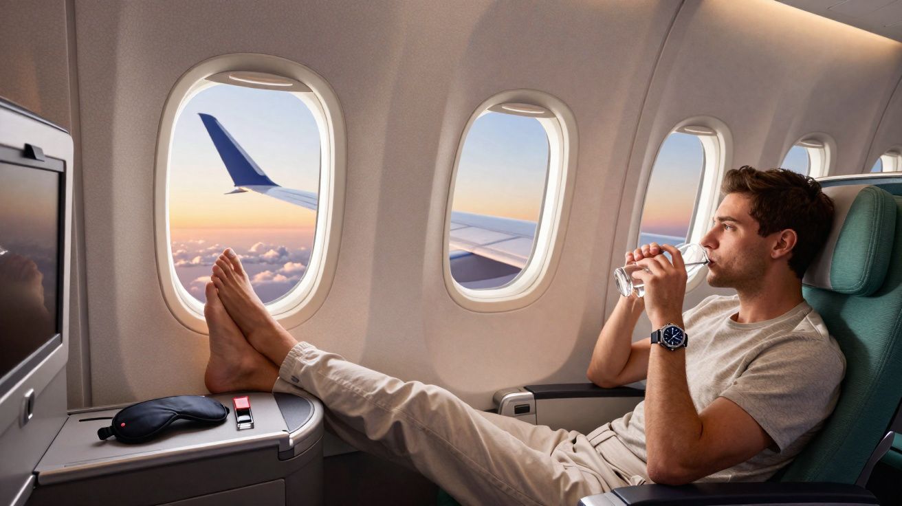 Homem relaxando em poltrona de avião com pés apoiados e bebendo água durante voo ao pôr do sol.