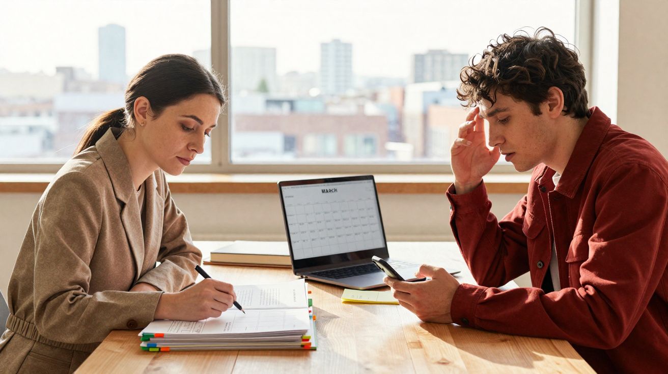 Duas pessoas trabalhando em um escritório com documentos e laptop em mesa de madeira perto da janela.
