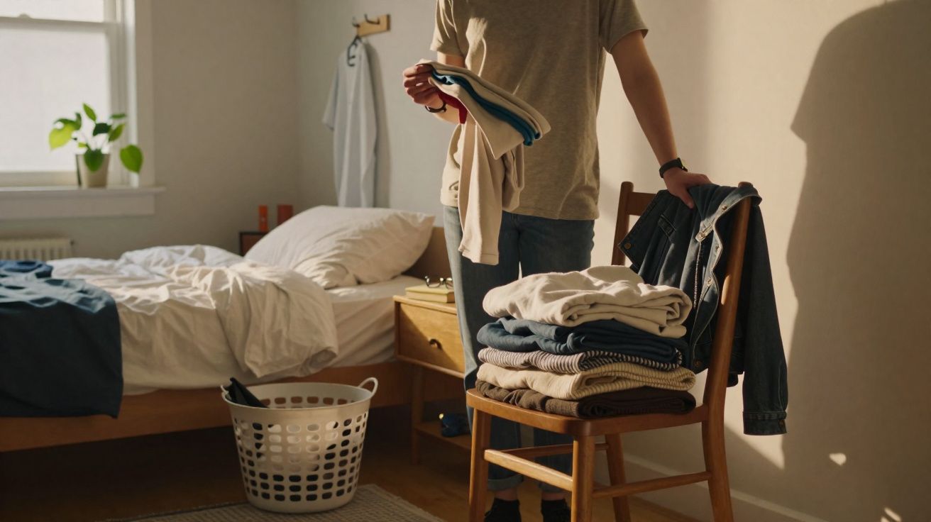 Pessoa organizando roupas dobradas em cadeira ao lado de cama desarrumada em quarto iluminado.