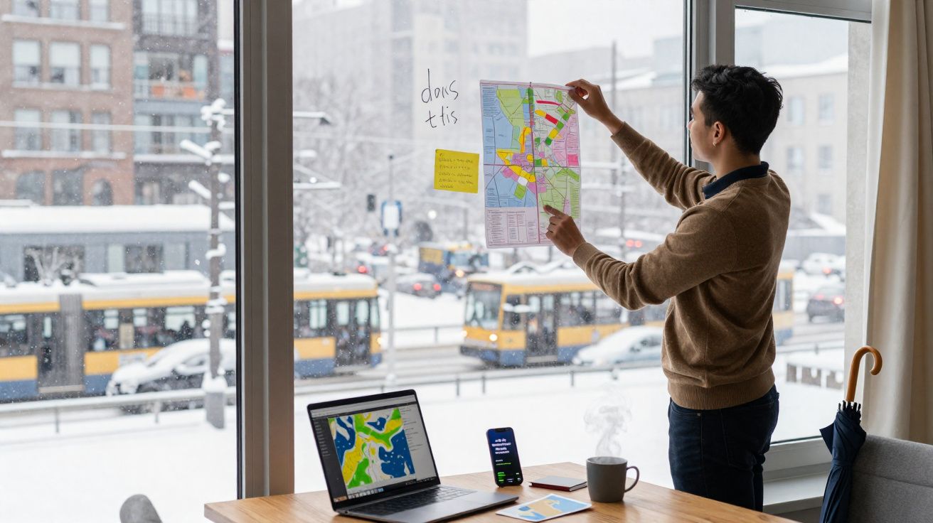 Pessoa em escritório com mapa colorido no vidro, laptop aberto e rua com neve ao fundo.