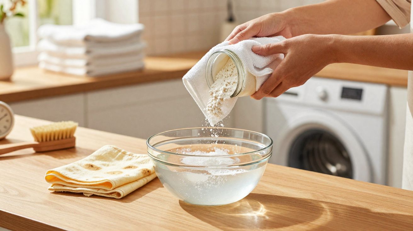 Mãos despejando pó branco em tigela de vidro com água, em cozinha com máquina de lavar ao fundo.