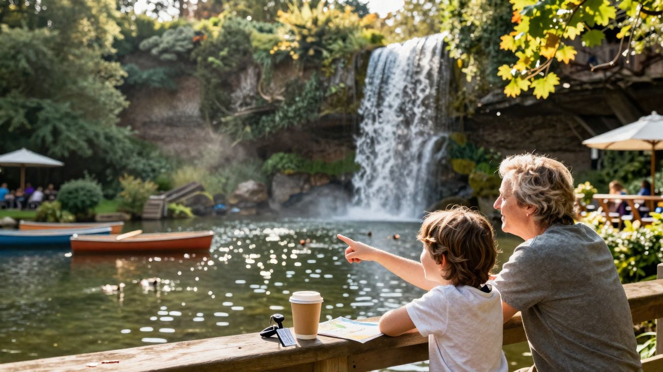 Pessoa adulta e criança observam cachoeira ao ar livre em ambiente de lazer com barcos e vegetação.