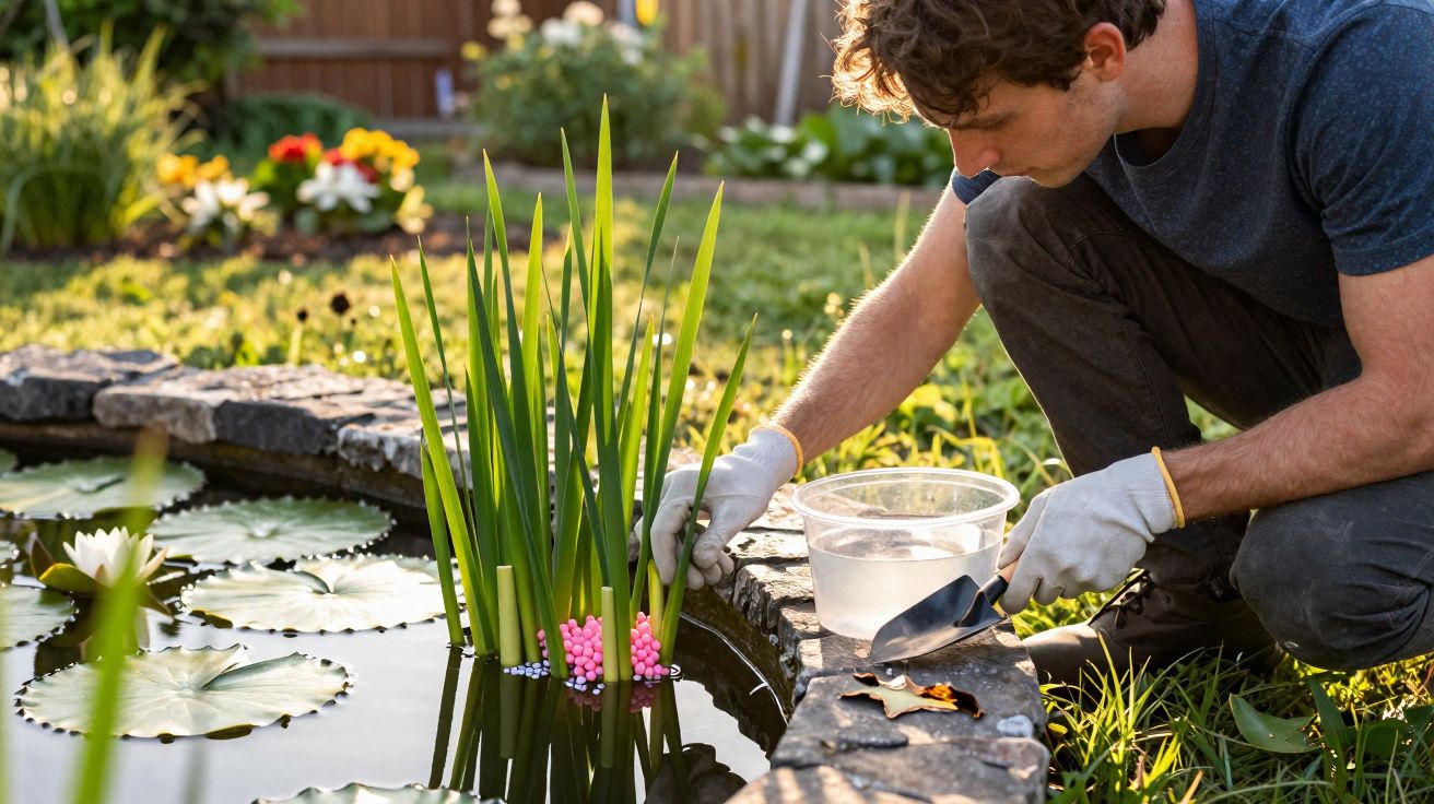 Homem cuidando de plantas aquáticas em lagoa de jardim com luvas e ferramenta de jardinagem.
