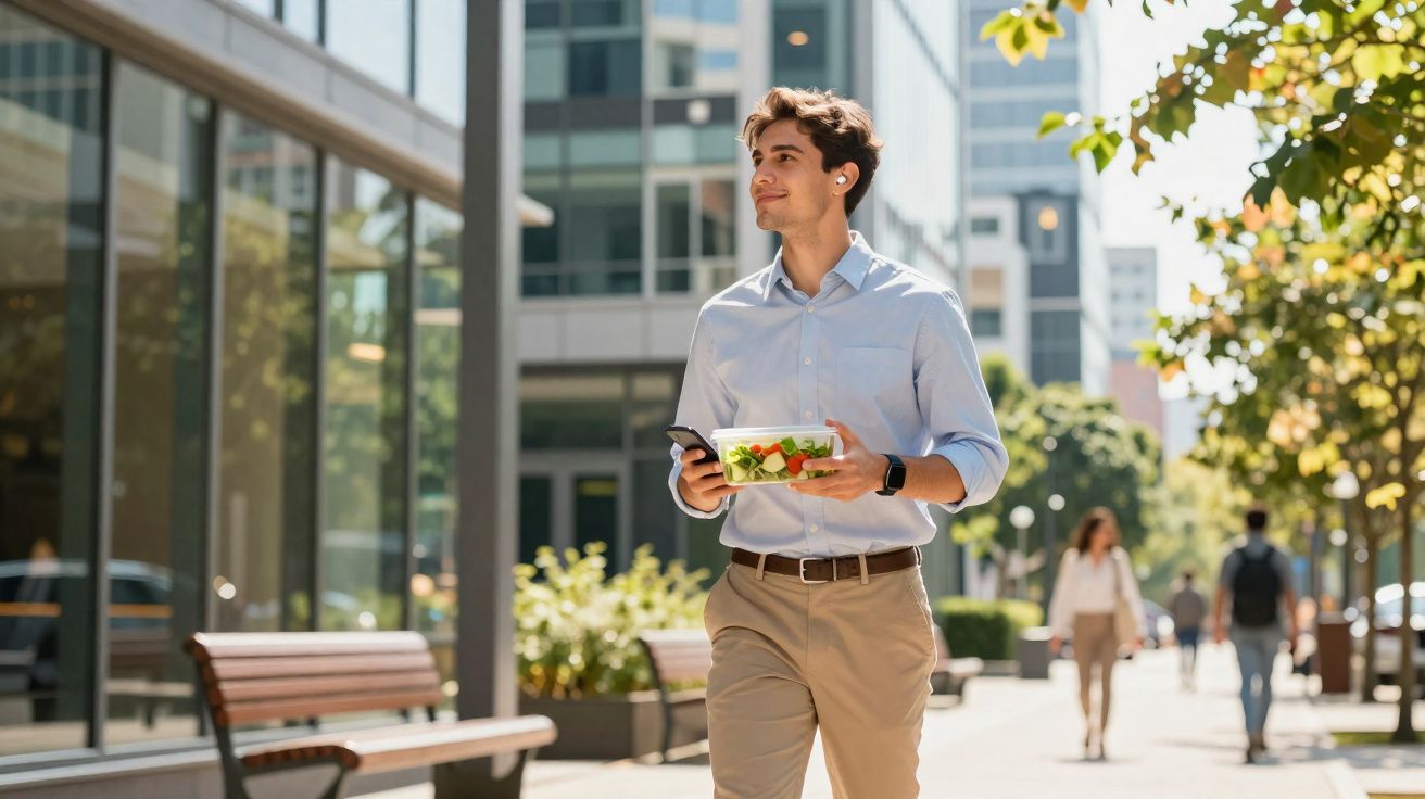 Homem jovem caminhando na rua comendo salada e segurando celular em dia ensolarado na cidade.