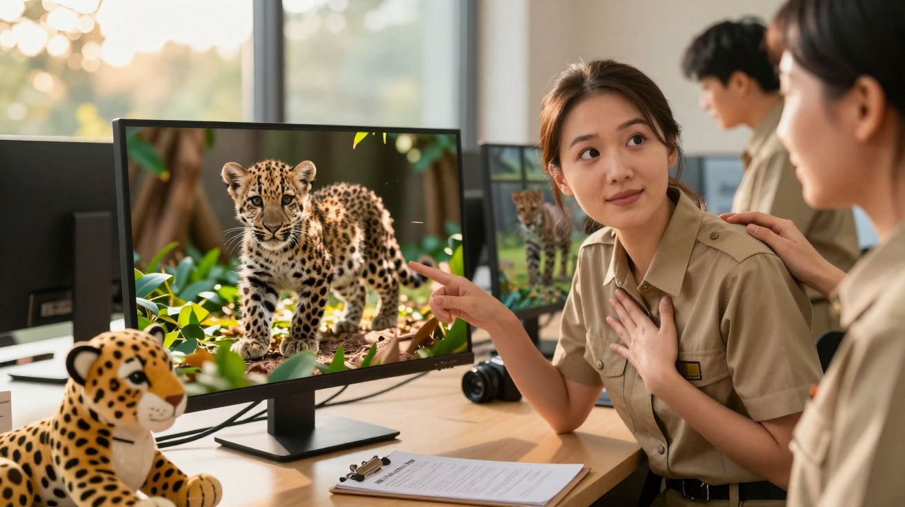 Mulher aponta felino na tela do computador enquanto conversa com colega em escritório de conservação da vida selvagem.